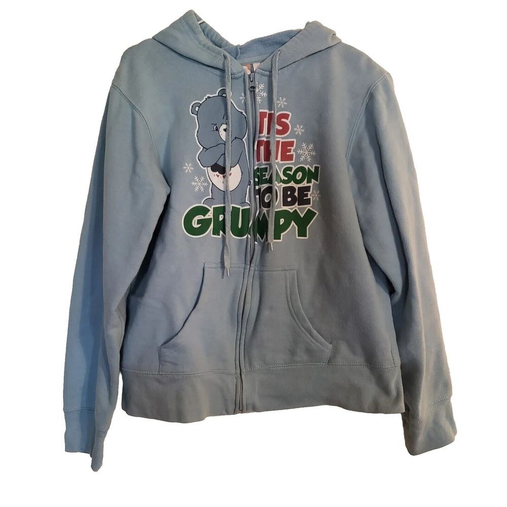 Care Bears Grumpy Bear Zip Up Hooded Sweatshirt Jacket Hoodie Baby Blue Size Lrg